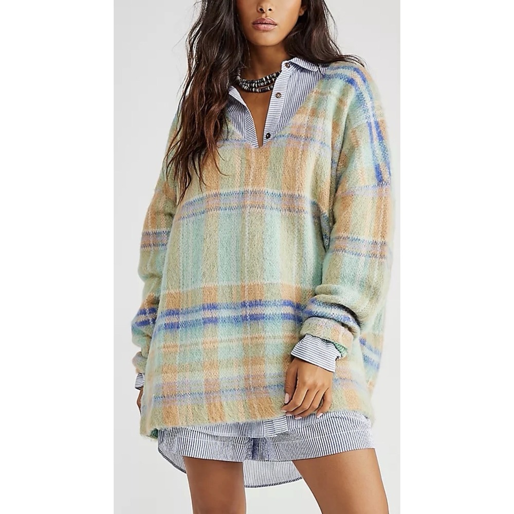 Free People Primrose Plaid Tunic Oversized Relaxed V-neck Sweater Pullover Large